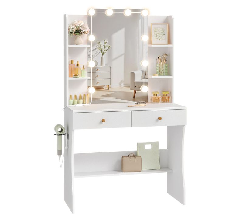Coiffeuse Avec Miroir, 10 Ampoules LED Réglable,3 Couleurs, 6 Compartiments Et 2 Tiroirs - Blanc