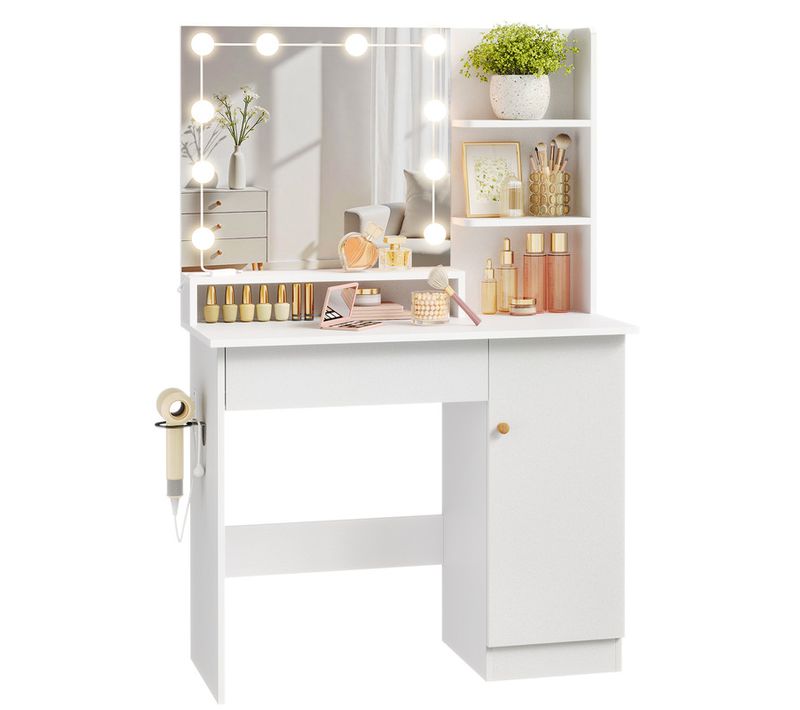 Coiffeuse Avec Miroir, 10 Ampoules LED Réglable, 3 Couleurs, 6 Compartiments Et 1 Tiroir - Blanc