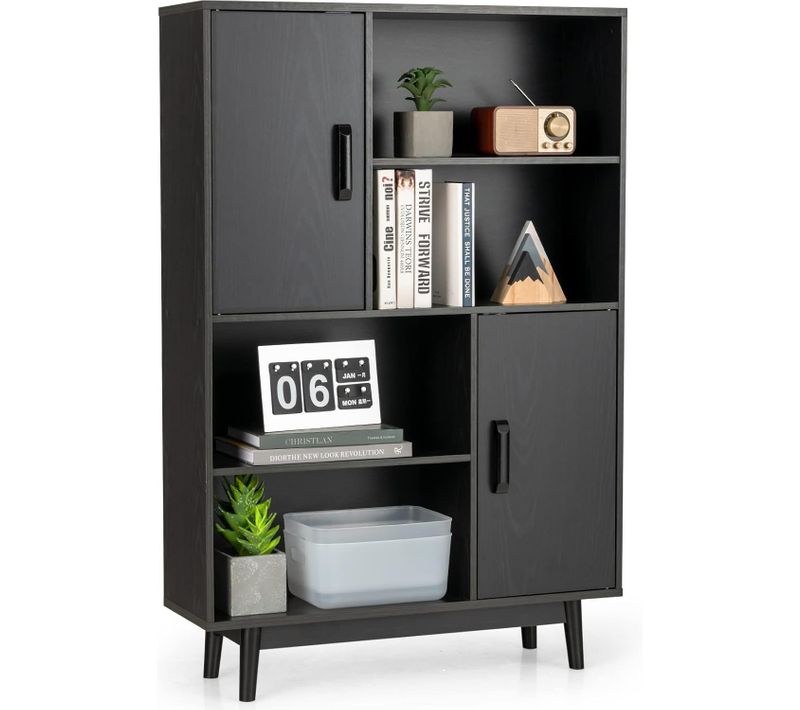 Bibliothèque à 4 Niveaux Avec 2 Portes Et Patins Anti-rayures Et Dispositif Anti-basculement Noir