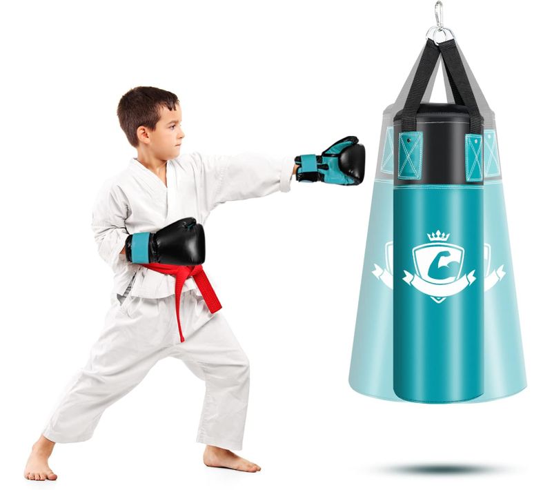Ensemble De Sac De Frappe Enfants 60cm Avec Gants De Boxe Bandages Sac Vert