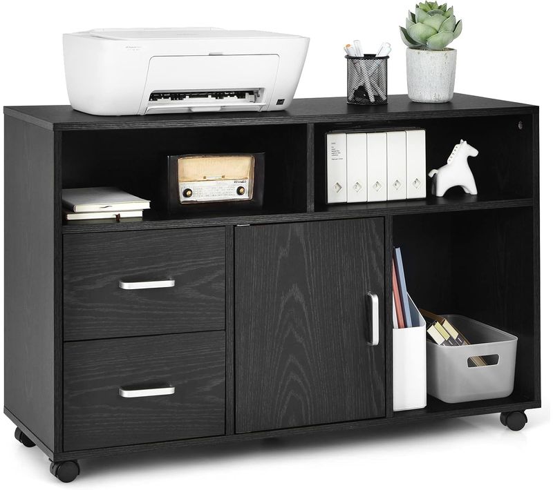 Caisson Bureau 2 Tiroirs, Meuble Rangement Bureau Avec Placard, 3 Compartiments, Placard, Noir