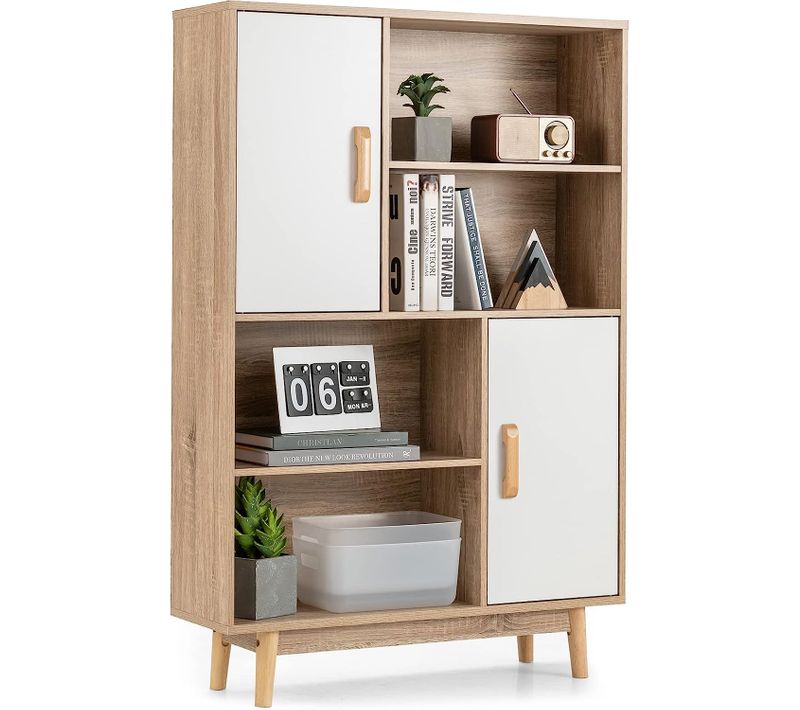 Bibliothèque à 4 Niveaux Avec 2 Portes, Meuble De Rangement Avec Patins Anti-rayures Blanc+naturel