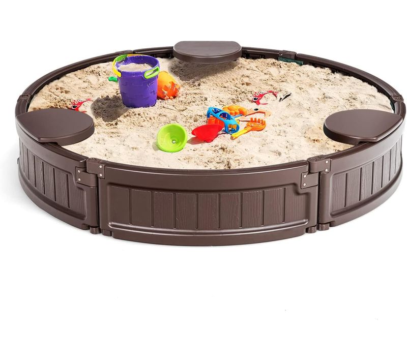 Bac à Sable 120x120x21 Cm En Plastique Avec Couvercle Etanche Bâche Intégrée Sièges Doublure Marron