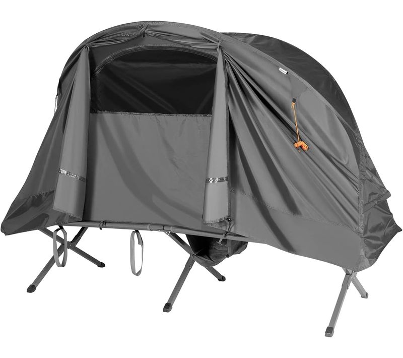 Tente Camping Surélevée Pour 2 Personnes Matelas Auto-gonflant Sac Transport Gris