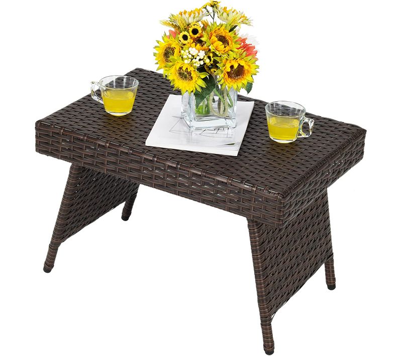 Table Basse Pliante En Rotin,60 X 40 X 40 Cm Avec Coussinets De Pied Réglables, Pour Jardin/salon