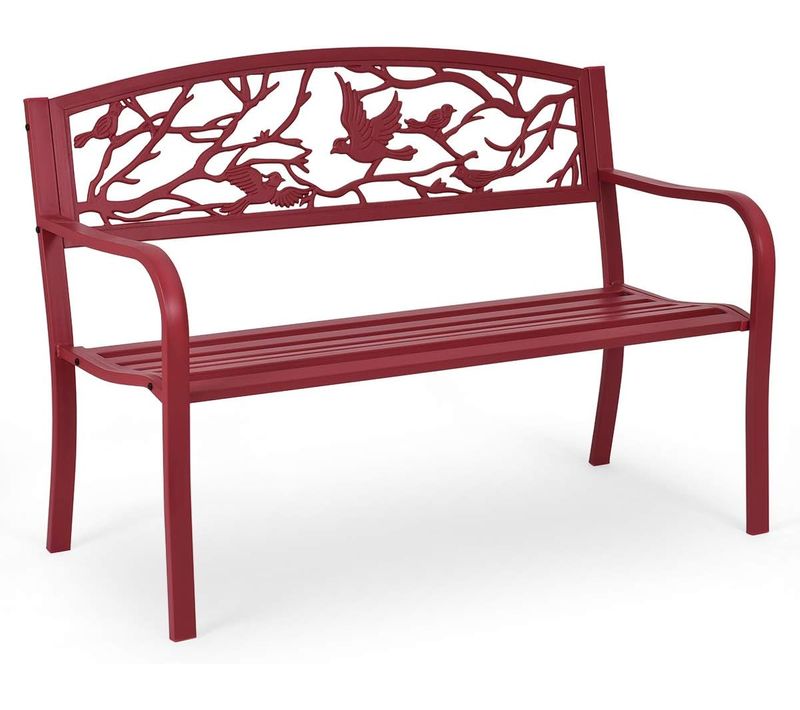 Banc De Jardin Structure Stable, Motif Oiseaux Et Branches 123 X 60 X 88 Cm Rouge