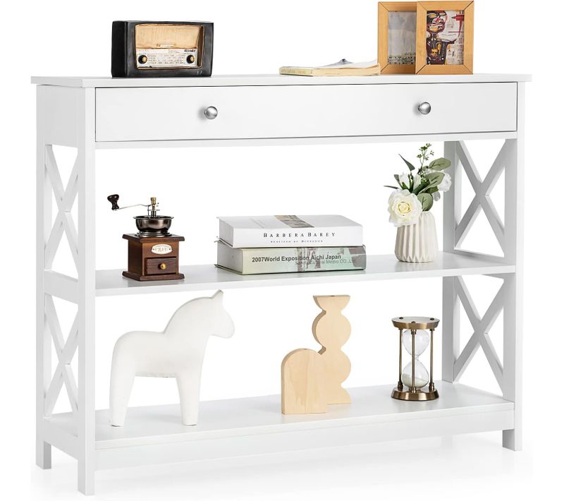 Table Console à 3 Niveaux, Console Entrée 1 Tiroir Et 2 Étagères, Cadre En X, 100x30x80cm Blanc