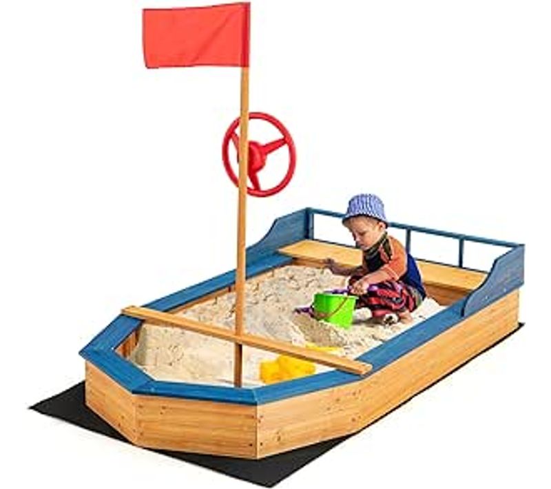 Bac à Sable En Bois Pour Bateau De Pirate, Avec Banquette Et Drapeau,170 X 130 X 100,4 Cm