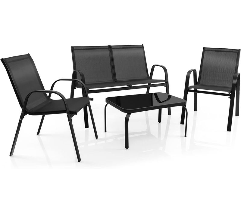 Ensemble Salon De Jardin 4 Pièces, 2 Fauteuils 1 Canapé 1 Table Basse En Verre, Gris