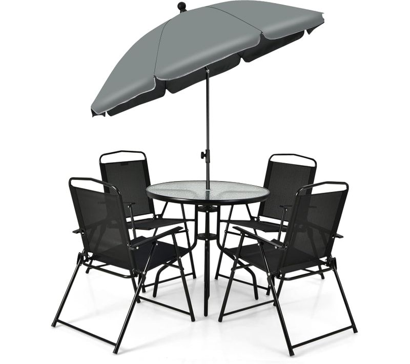 Ensemble Salon De Jardin 6 Pièces, 4 Chaises Pliantes Table Basse En Verre Et Parasol, Cour, Noir