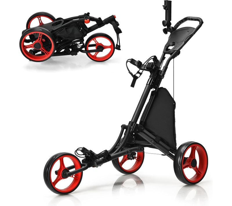 Chariot De Golf Pliable à 3 Roues Sangle Elastique, Porte-parasol Réglable Et Porte-gobelet, Rouge