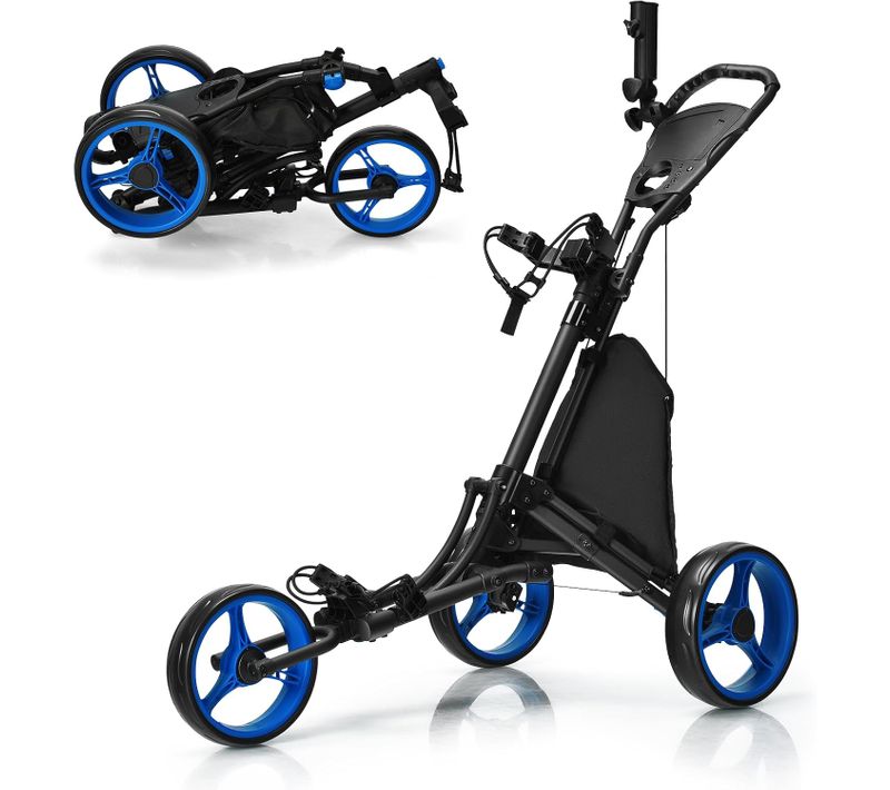 Chariot De Golf Pliable à 3 Roues, Porte-parasol Réglable Et Porte-gobelet (bleu)