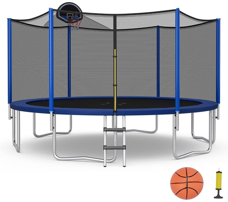 Trampoline D'extérieur, Ø 377 Cm, Trampoline De Jardin Avec Panier De Basket, Filet De Protection