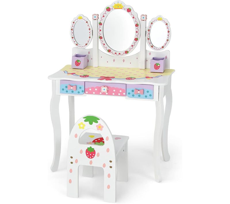 Coiffeuse Pour Enfants Avec Miroir Amovible - 3 Tiroirs - 2 Boîtes - Convertible Bureau, Blanc