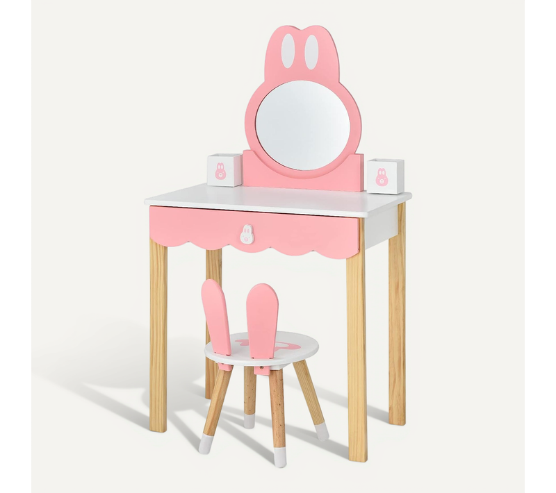 Coiffeuse Avec Tabouret Pour Enfants, Miroir Amouvible,2 Boîtes De Rangement, Décor Rose + Blanc