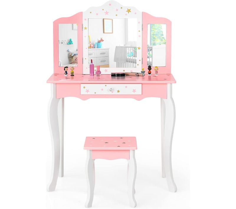 Coiffeuse Avec Tabouret Pour Enfants Avec Miroir Pliable à 3 Pans, Tiroir Et Motifs Étoiles, Rose