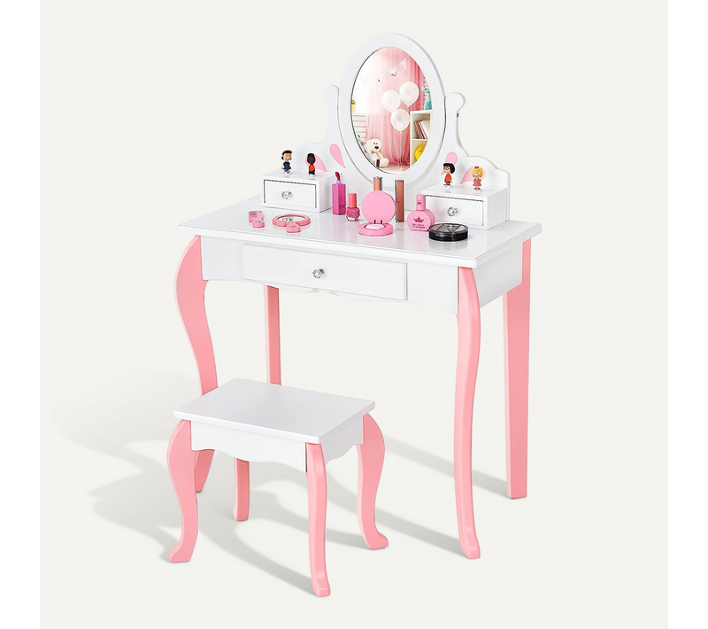 Coiffeuse Avec Tabouret Pour Enfants Avec Miroir Pivotant à 360°, 70 X 33,5 X 99,5 Cm, Blanc