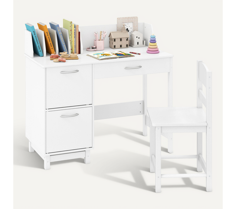 Bureau Enfants Avec Chaise Ergonomique Et Niches, Table D'étude En Bois, 90,5 X 44,5 X 81cm, Blanc