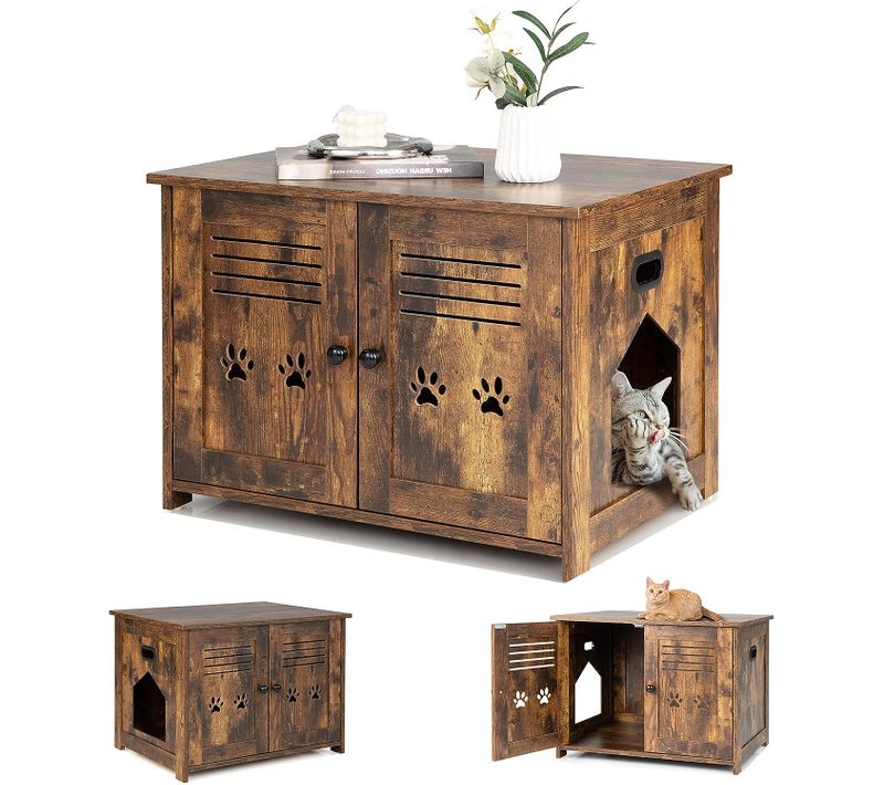 Meuble Litiere Chat Avec Portes à Persiennes Et 2 Poignées Découpées Style Industriel,70 X 52 X 51cm