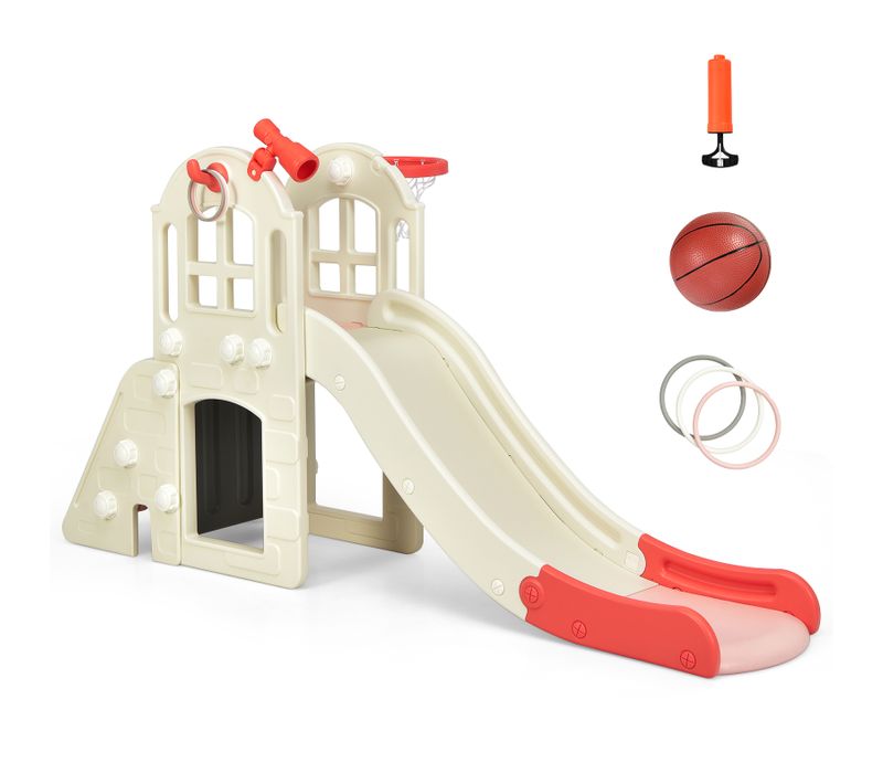 6 En 1 Toboggan Enfants Avec Glisse 140cm Et Panier De Basketball, Enfants 3-8 Ans,‎‎orange