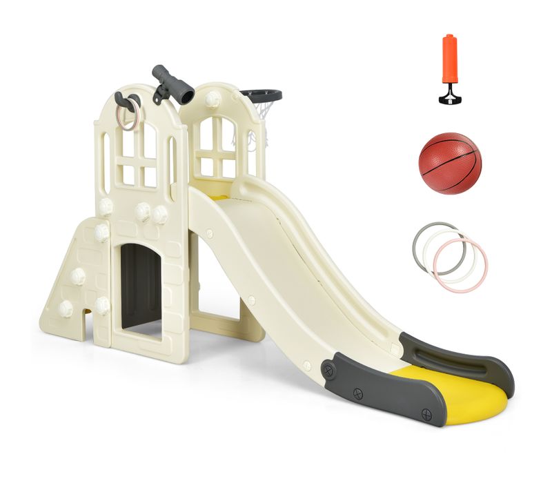 6 En 1 Toboggan Enfants Avec Glisse 140cm Et Panier De Basketball, Enfants 3-8 Ans,‎jaune