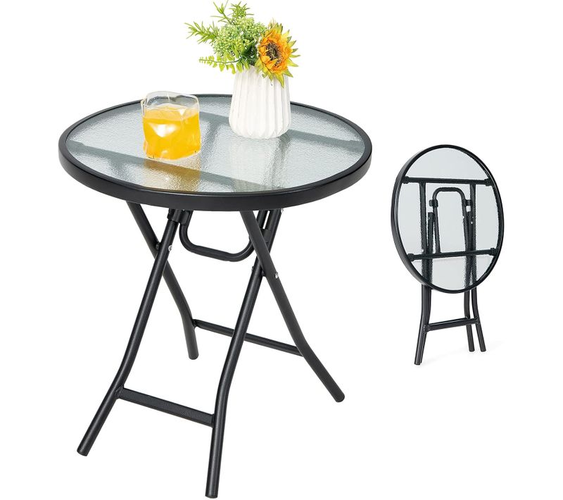 Table De Jardin Bistro Ronde Pliante, Avec Plateau En Verre Trempé, Cadre En Acier Φ46x47,5cm