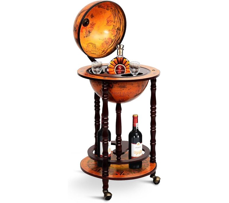 Bar Globe Terrestre Vintage Mappemonde En Bois D'eucalyptus Porte-bouteilles Minibar