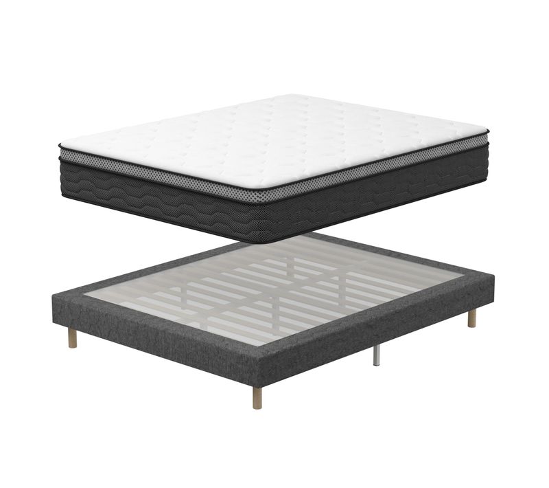 Ensemble Matelas ressort ensachés 120x190cm Epaisseur 30cm + Sommier tapissier gris, 9 pieds fournis