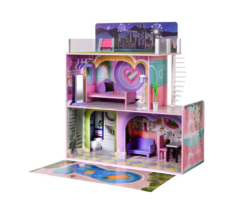 Maison De Poupée En Bois Enfant 3 Étages + 16 Accessoires Mobilier Multicolore