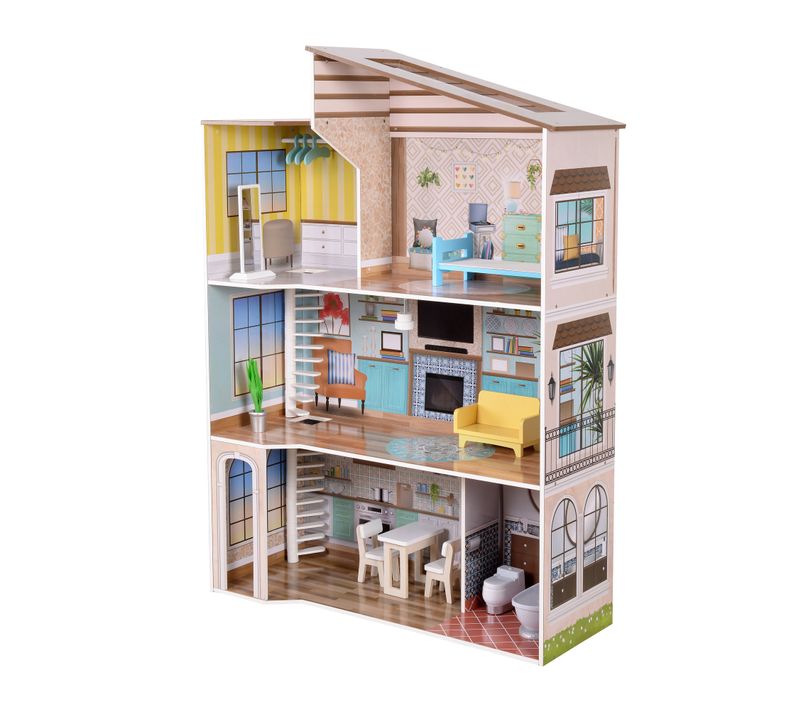 Maison De Poupée En Bois Enfant 3 Étages Avec 17 Accessoires