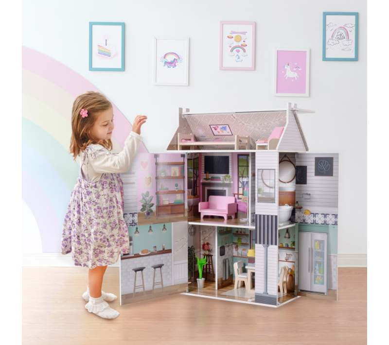 Maison De Poupée En Bois Enfant 3 Étages Avec 13 Accessoires