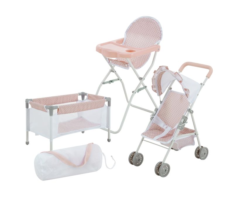 Station De Nurserie 3pcs Lit Bébé Chaise Haute Et Poussette Rose Gris