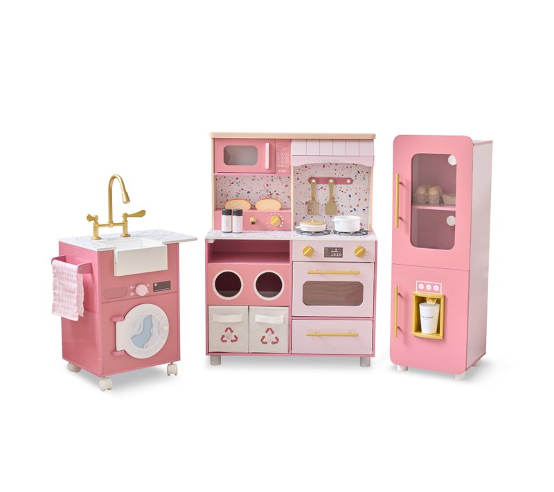 Cuisine Jouet Bois 3 Pièces Modulable, 21 Accessoires, 89cm, Rose