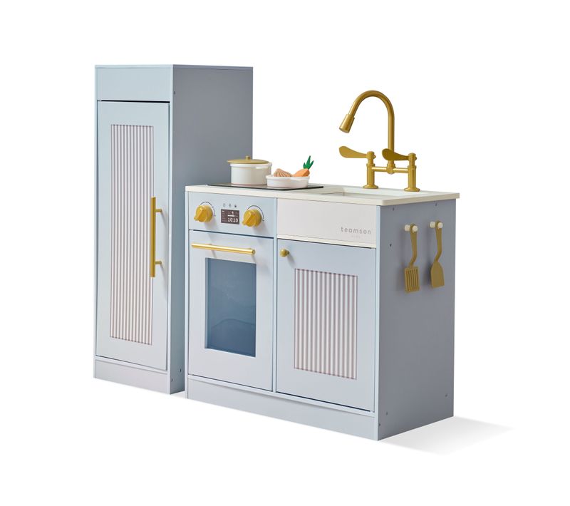 Cuisine Jouet Bois Enfant, 12 Accessoires, 80cm, Bleu