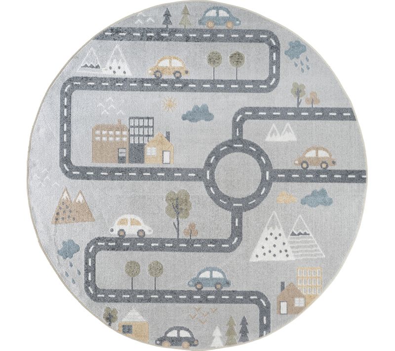 Tapis Rond Enfant Lavable En Machine Circuit Voitures Bleu/gris Ø 160 Cm Vroomville