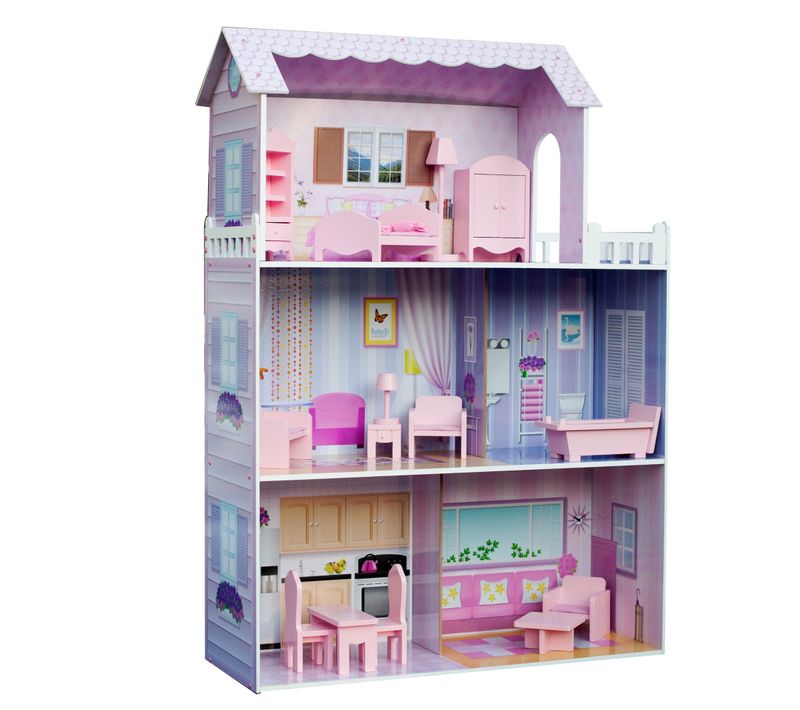 Grande Maison De Poupée En Bois Rose 13 Accessoires Enfant