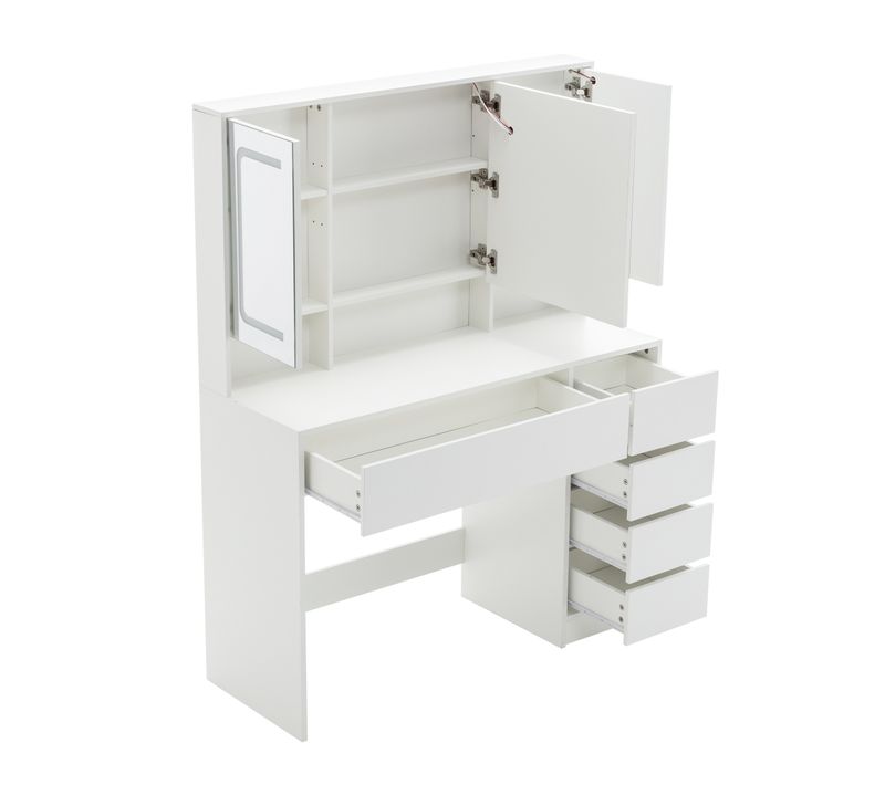 Coiffeuse Avec Miroir LED 3 Couleurs, Grand Format, 5 Tiroirs Et Rangement Intégré Derrière Le Miroi