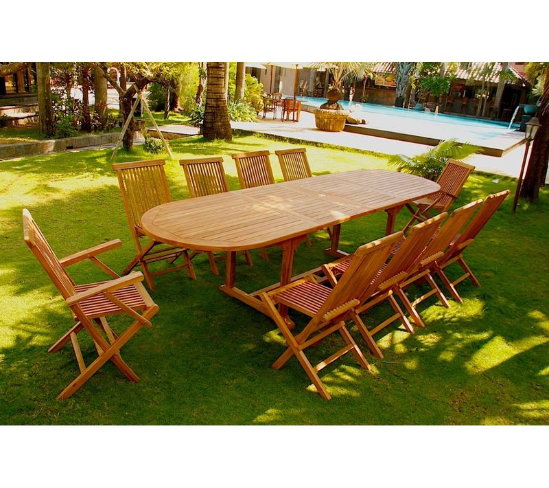 Kajang - Salon De Jardin Extensible Avec Table Ovale 10 Places En Teck
