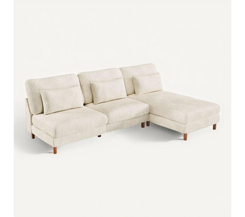 Canapé Scandinave 3 Places + Chaise Longue En Velours Côtelé Beige,256cm X 94cm X 88cm