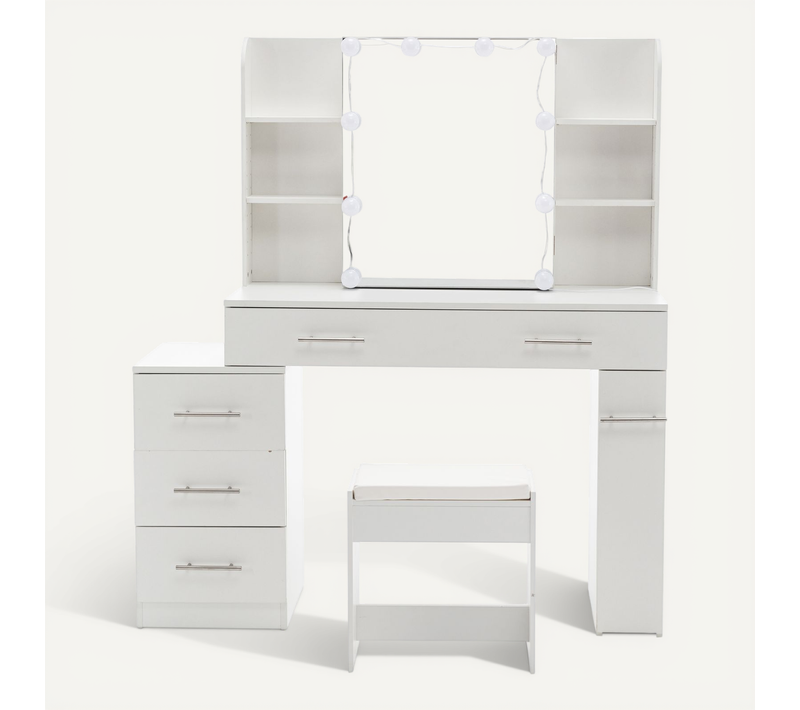 Coiffeuse LED Professionnelle- Miroir Coulissant Avec Compartiment Caché, 5 Tiroirs Et étagères