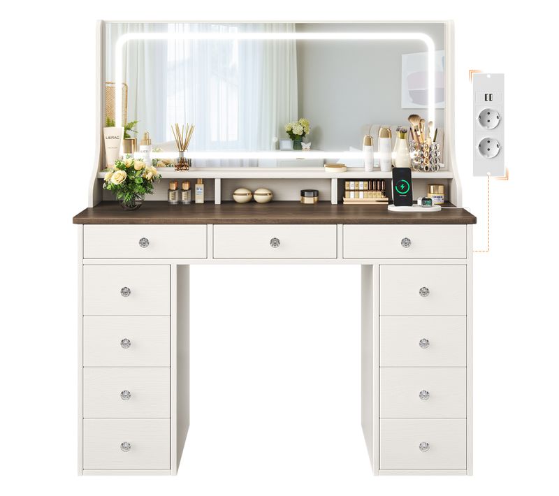 Coiffeuse Élégante 11 Tiroirs Grand Miroir 110cm Avec Prise-support Table De Maquillage LED Marron