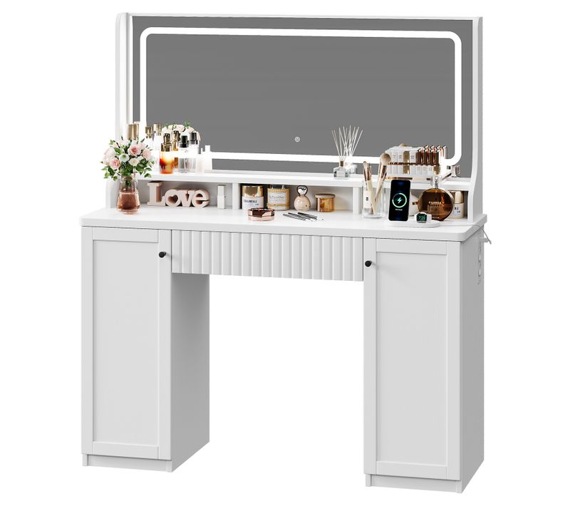 Coiffeuse Élégante Moderne 1 Tiroir Grand LED Miroir Avec Prise-support Table Maquillage Blanc