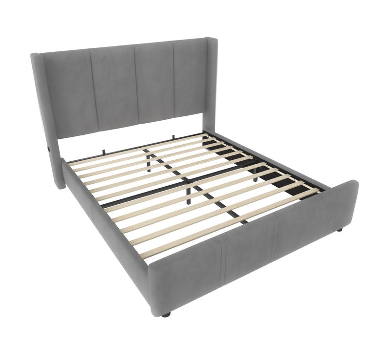 Lit Double 160x200cm Lit Adulte Rembourré Velours Avec Sommier à Lattes USB Tête De Lit Haute Gris
