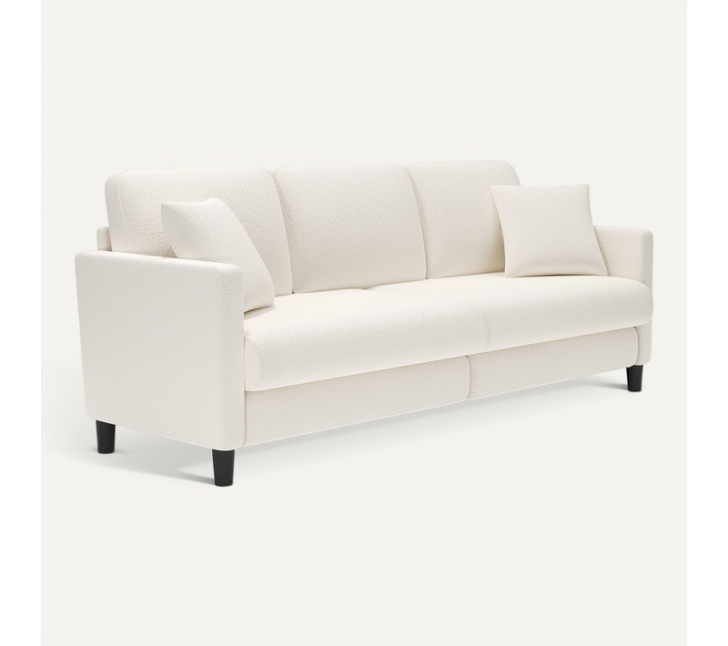Canapé 3 Places En Velours Teddy, Bois Massif, Avec Accoudoirs,210 X 79 X 89 Cm, Beige