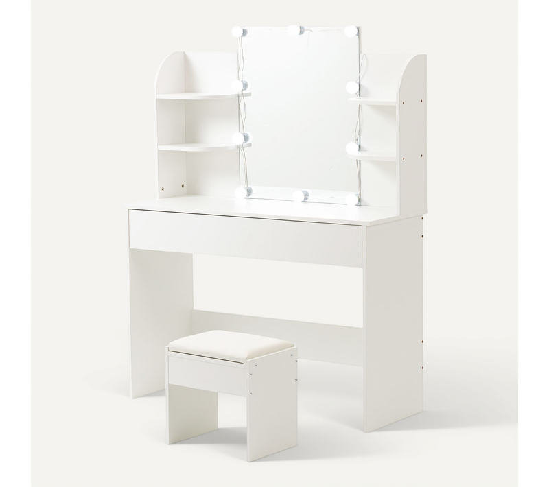 Coiffeuse Avec Miroir Et Tabouret 105x40x130cm LED Tricolores 6 Etagères Table De Maquillage Blanc