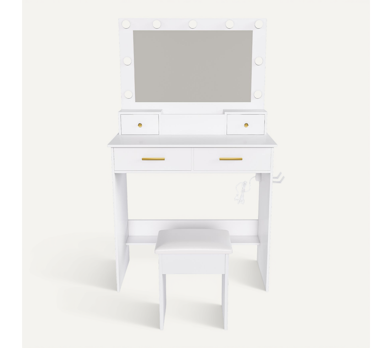 Coiffeuse Miroir Tabouret LED 4 Tiroir 80x40x137cm Table Maquillage Avec Prise-support Sèche-cheveux