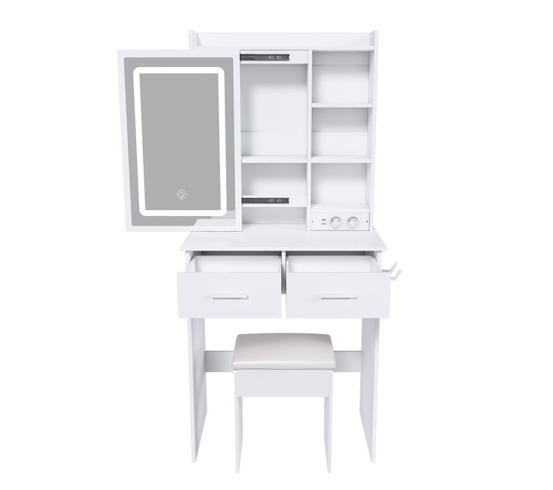 Coiffeuse Moderne Avec Miroir Table Maquillage 3 Etagères Caché 2 Tiroirs 1 Banc 60x36x136cm Blanc