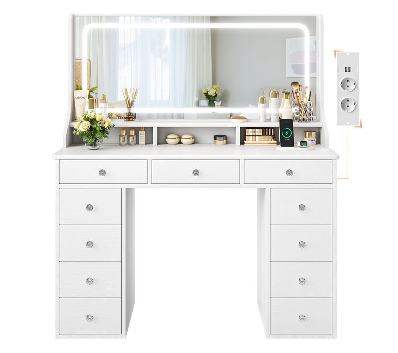 Coiffeuse Élégante 11 Tiroirs Grand Miroir 110cm Avec Prise-support Table De Maquillage LED Blanc