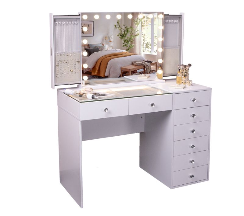 Coiffeuse Avec Miroir LED 8 Tiroirs Blanc 120x 55 Cm