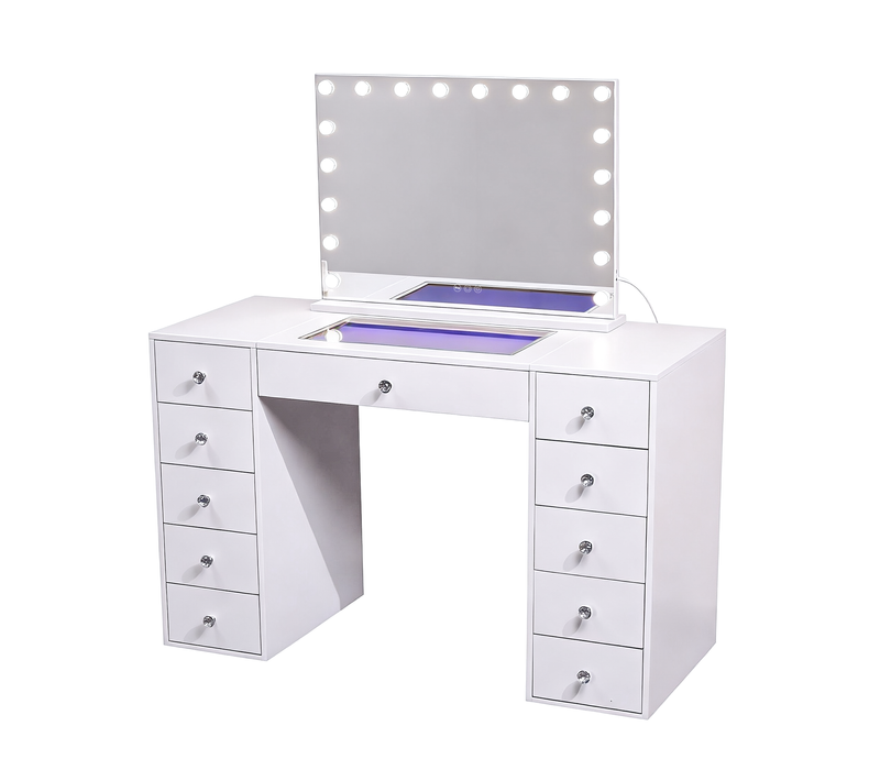 Coiffeuse avec Miroir à Éclairage LED RGB Dimmable Blanc 130cm 11 Tiroirs